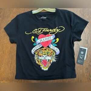 Ed Hardy Black CropTop “Love Runs Wild” Tee w/ Colorful Tiger Design. New w/tag.